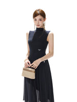 Navy Asymmetric Mock Neck Dress