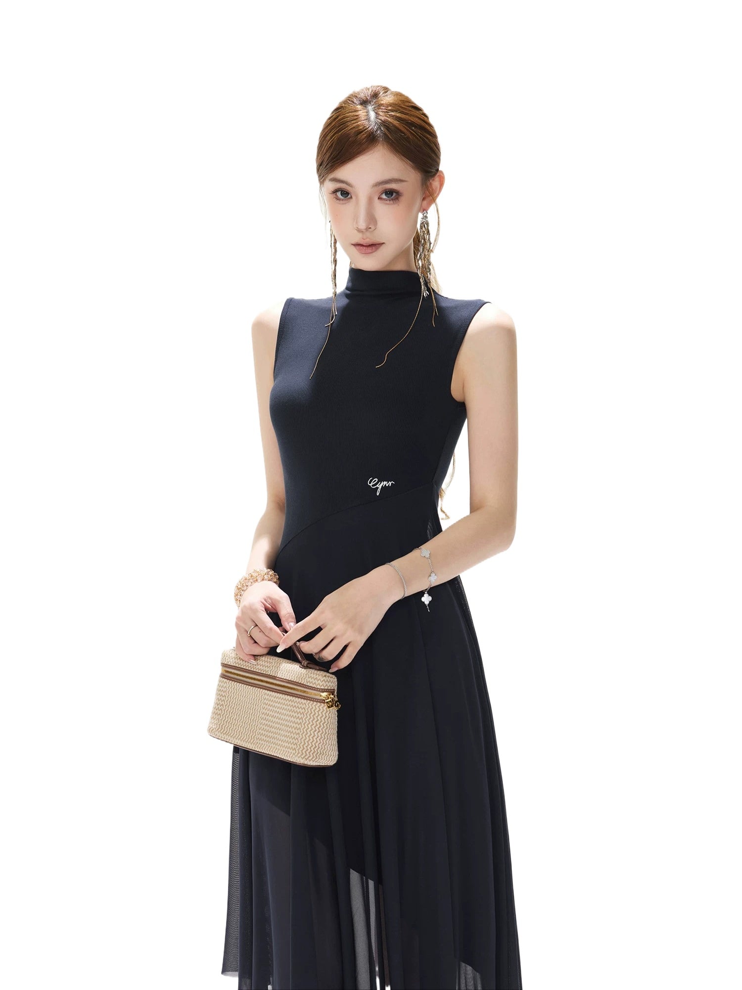 Navy Asymmetric Mock Neck Dress