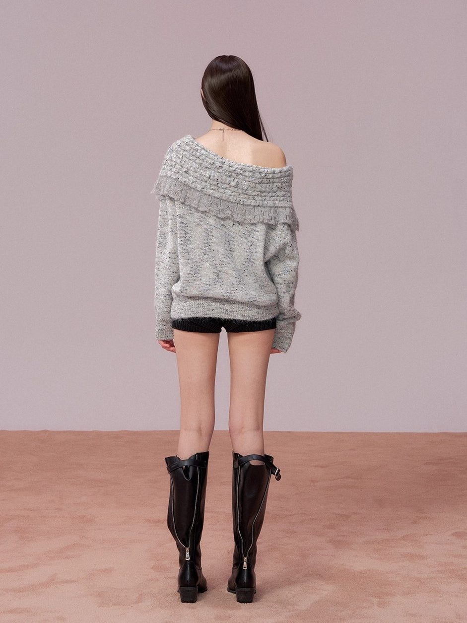 Fringed Off-shoulder Wool Sweater &amp; Scarf Set