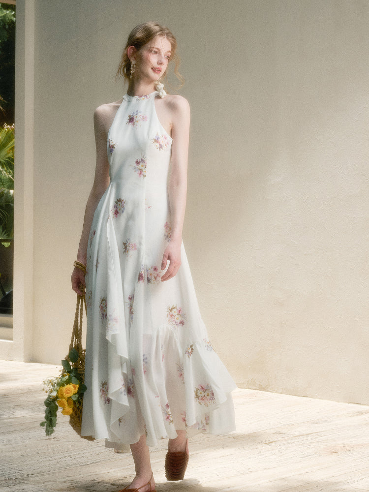 Halter Neck Printed Square Scarf Long Dress