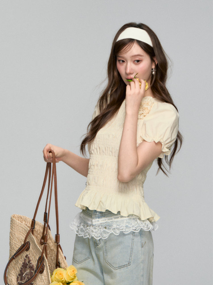 Three-Dimensional Flower Pleated Short-Sleeve Blouse
