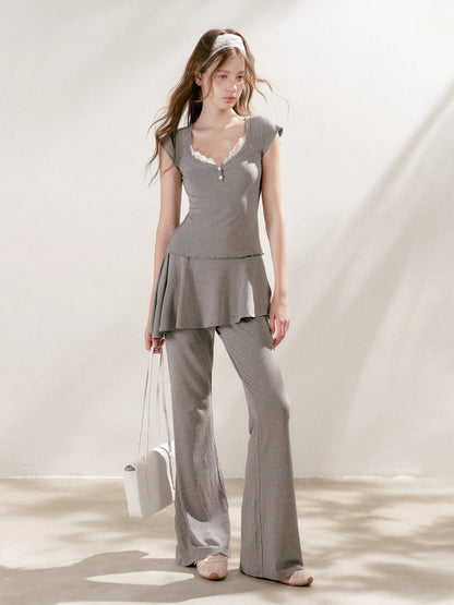 Lace U-Neck Fitted T-Shirt &amp; Pants Set
