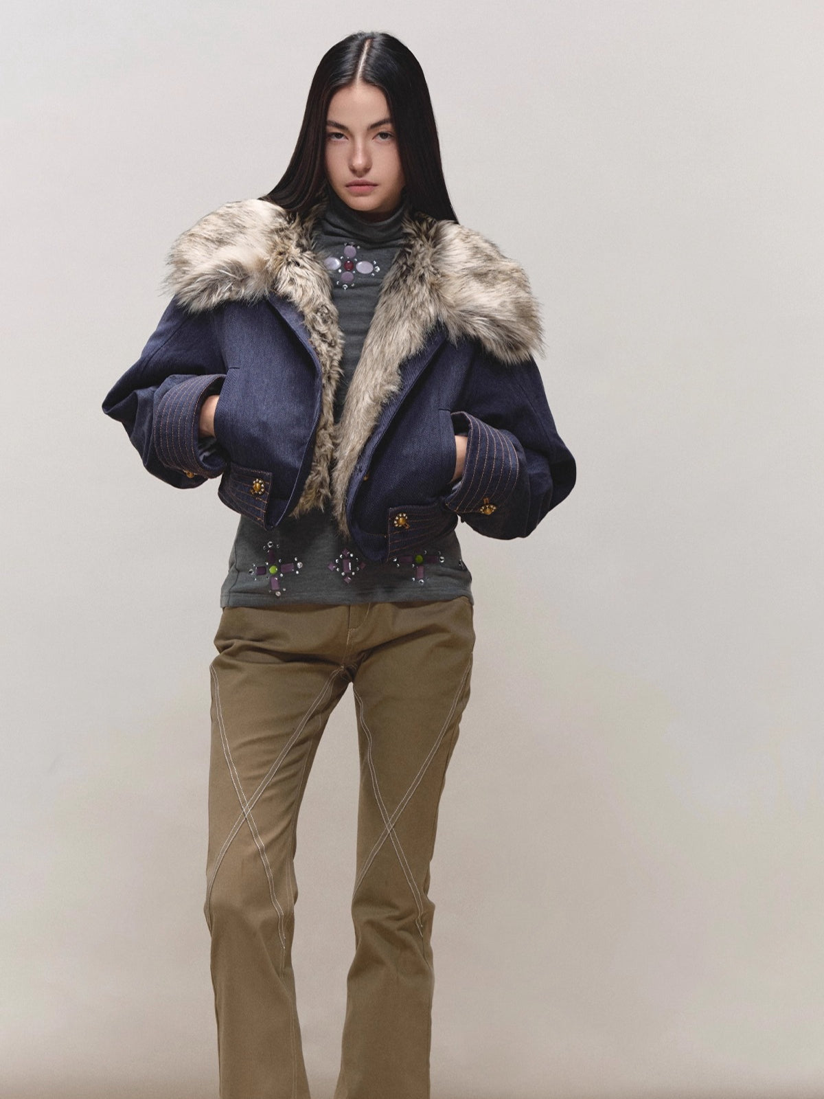 Fur-Collar Fitted Parka Jacket