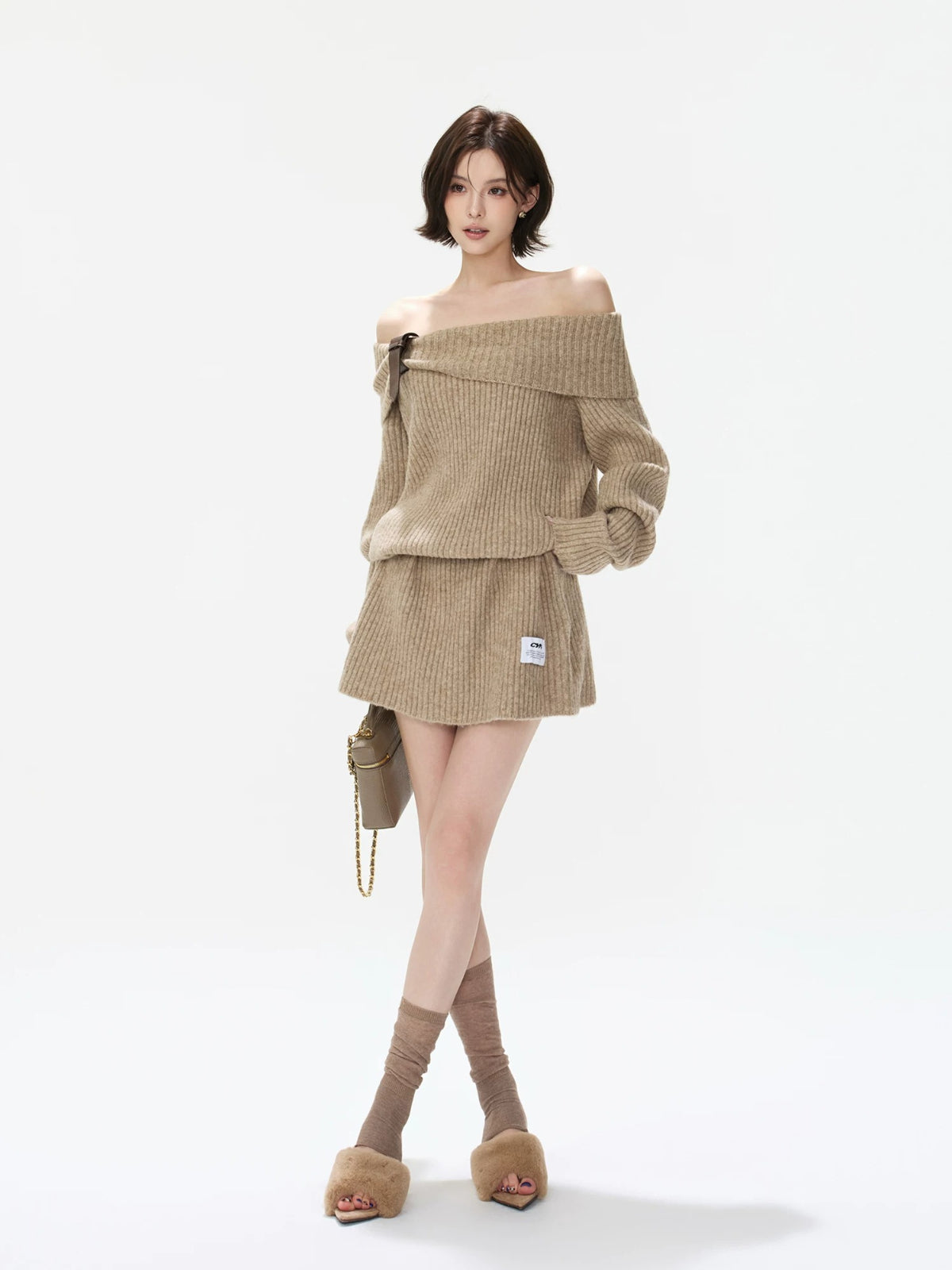 Off-Shoulder Ribbed Wool Blend Mini Dress