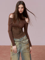 Lace Cold-Shoulder High Neck Long Sleeve Top