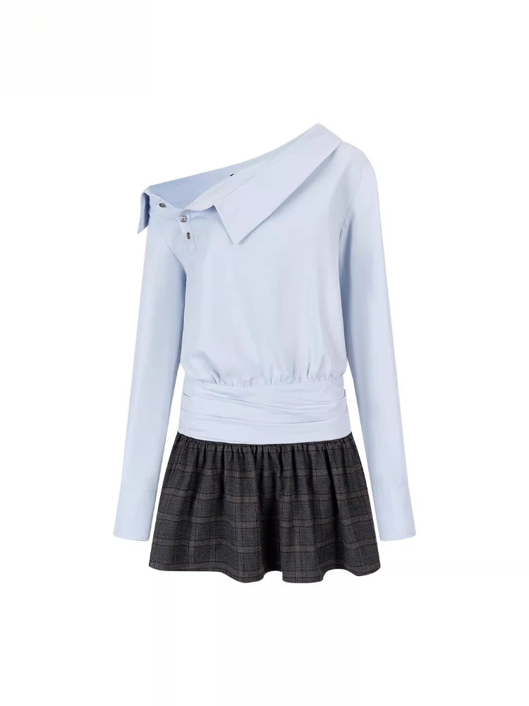 Blue Asymmetrical Shirt Plaid Mini Dress