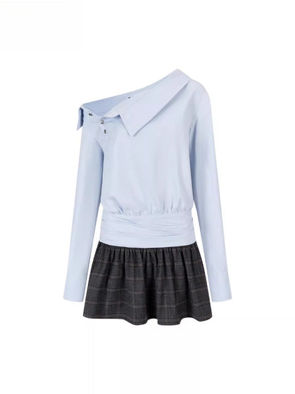 Blue Asymmetrical Shirt Plaid Mini Dress