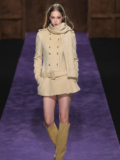 Wool Scarf-Collar Double-Breasted Dress