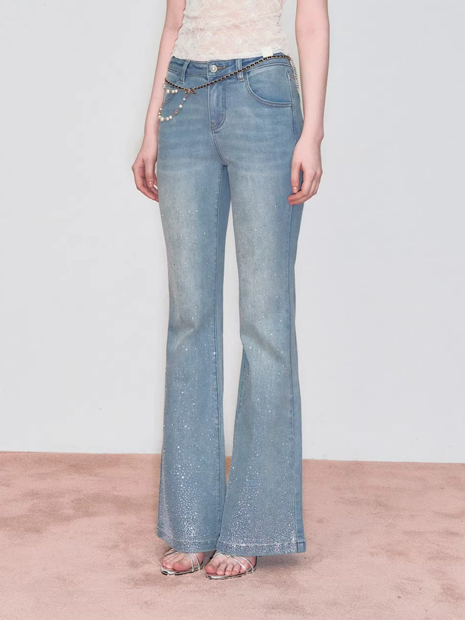 Embroidered Rhinestones Flared Jeans