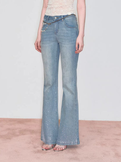 Embroidered Rhinestones Flared Jeans