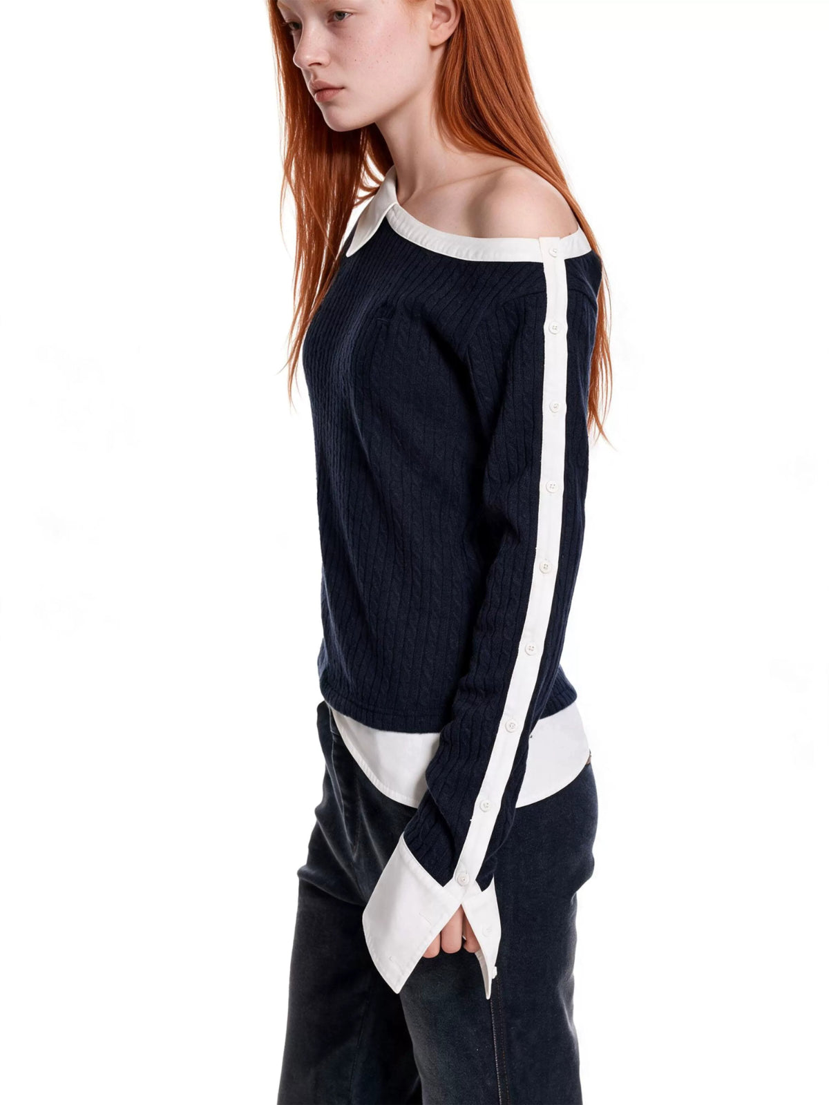 Layered Cable Knit Button Top