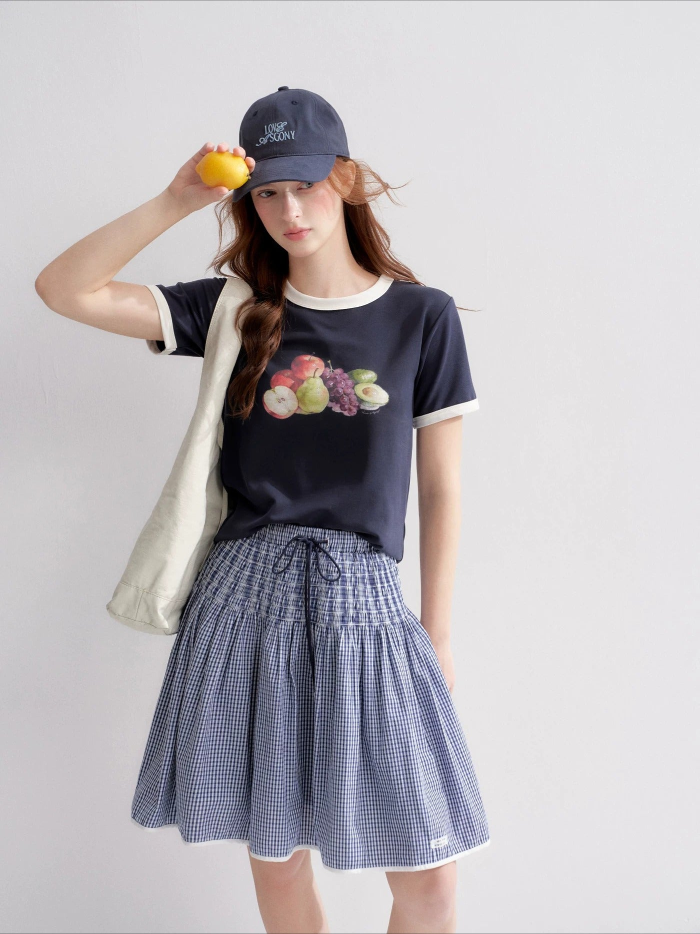 White And Blue Fruit Print Tee