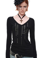 Rhinestone V Neck Knit Top