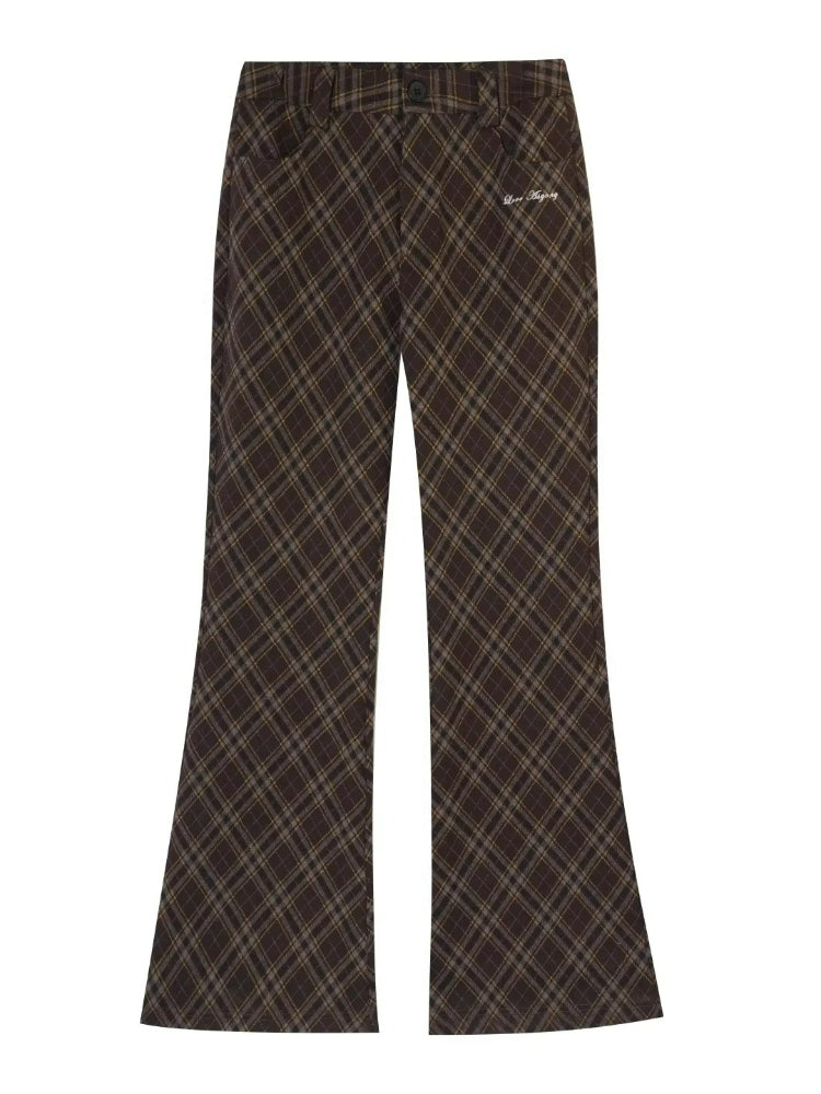 Plaid Embroidery Flared Pants