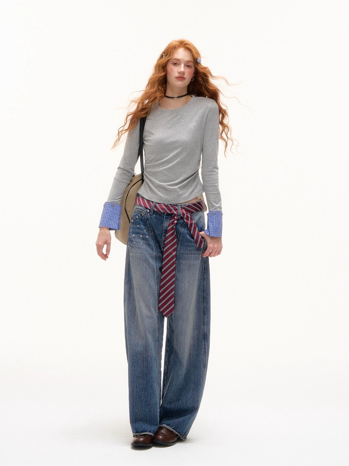 Blue Vintage Studded Wide-Leg Jeans