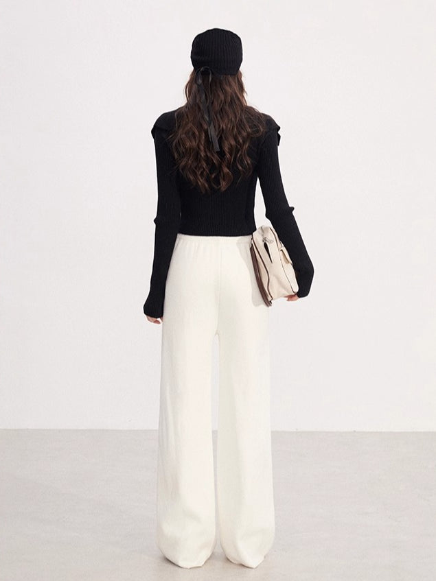 Fleece-lined Knit Elastic Waist Wide-leg Pants