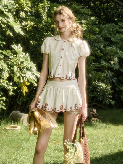 Lace Embroidery Airy Shirt &amp; Skirt Set