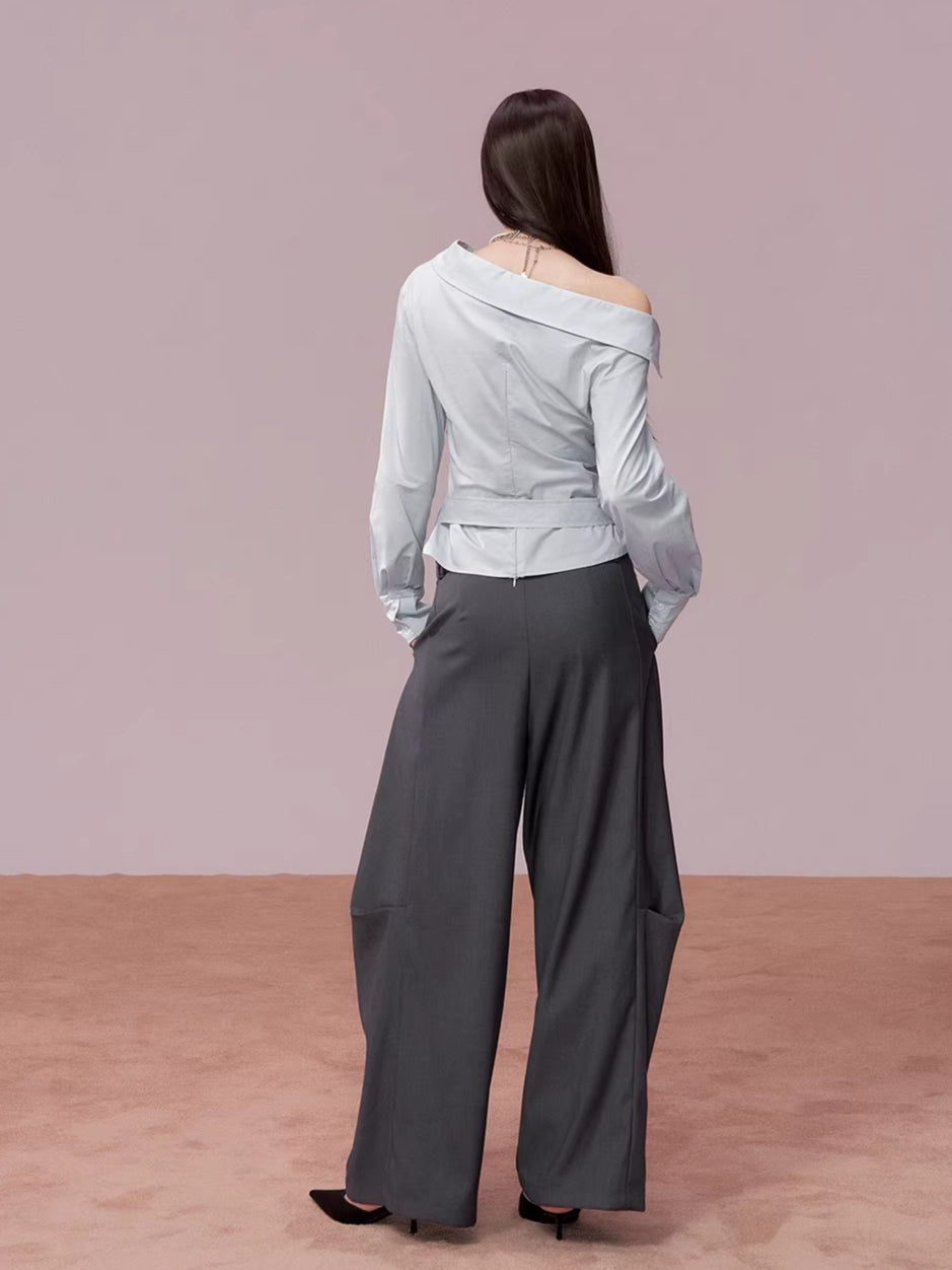 Asymmetrical Ruched Belt Shirt