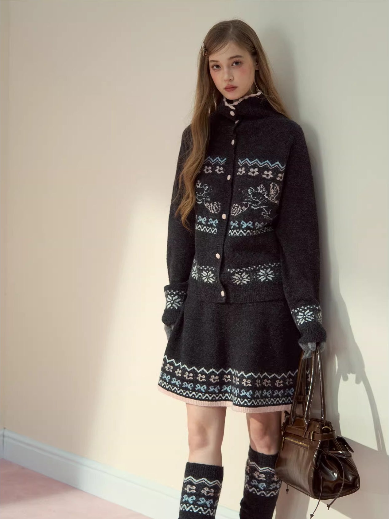 Gray &amp; Off-white Fair Isle Cat Knit Set