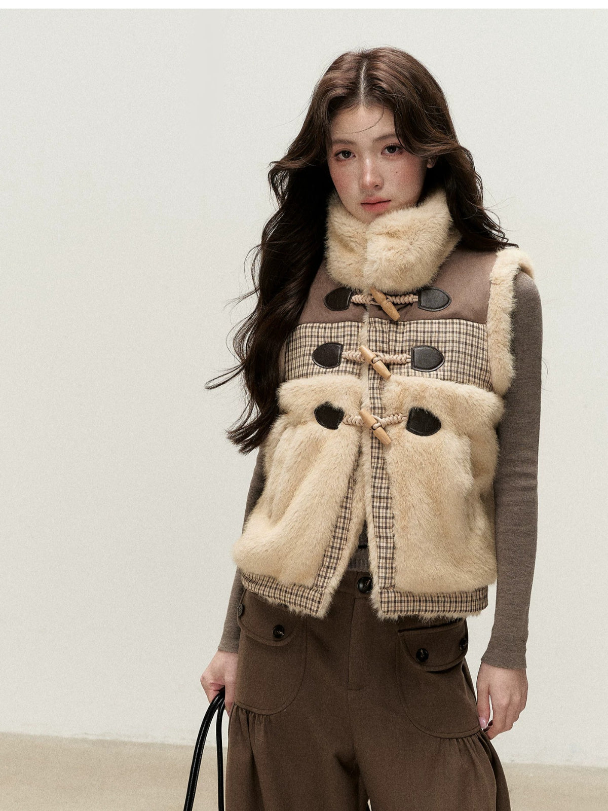 Vintage Toggle Plaid Faux Fur Vest