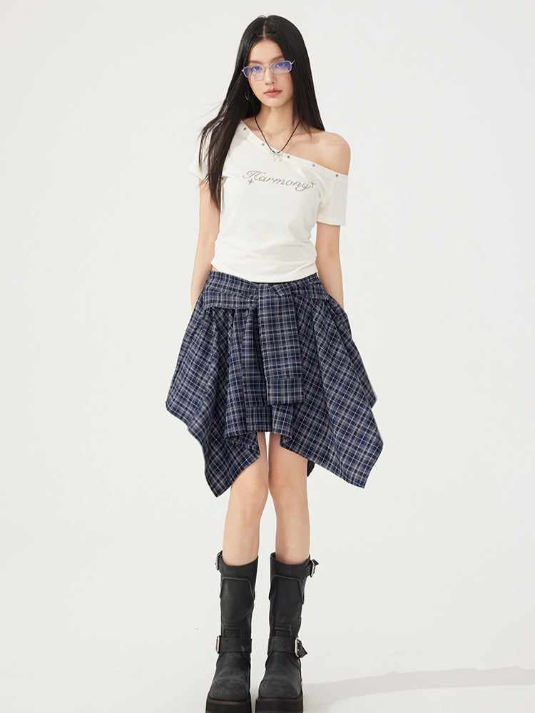High-Elasticity Star-Studded Diagonal Shoulder T-Shirt