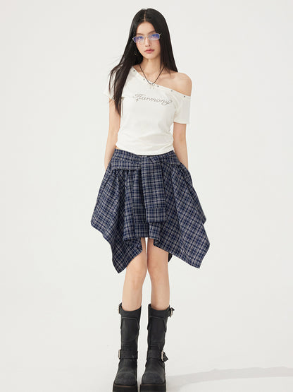 High-Elasticity Star-Studded Diagonal Shoulder T-Shirt