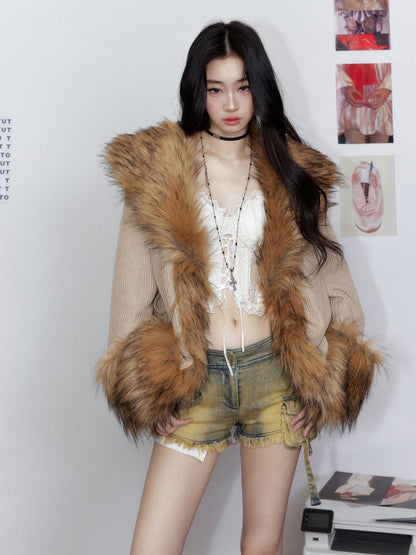 Knitted Fur Thickened Waist-Cinching Coat