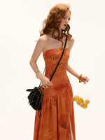 Orange Strapless Slit A-Line Dress