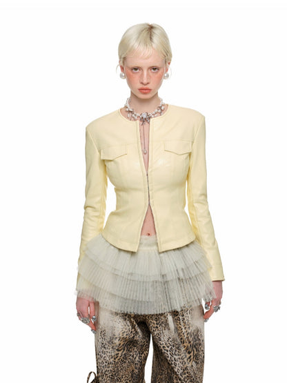 Round Neck Short Leather Jacket