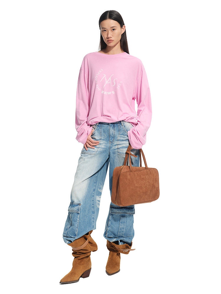 Washed Twill Denim Whisker Wide-leg Jeans