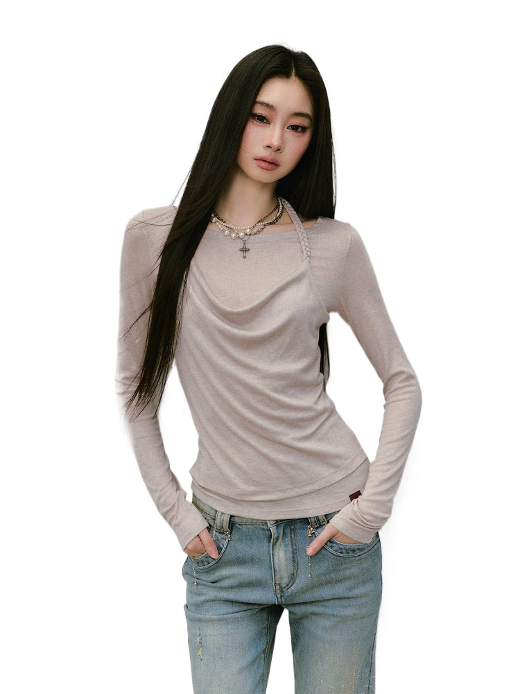 Fake Two-Piece Knit Long-Sleeve Blouse