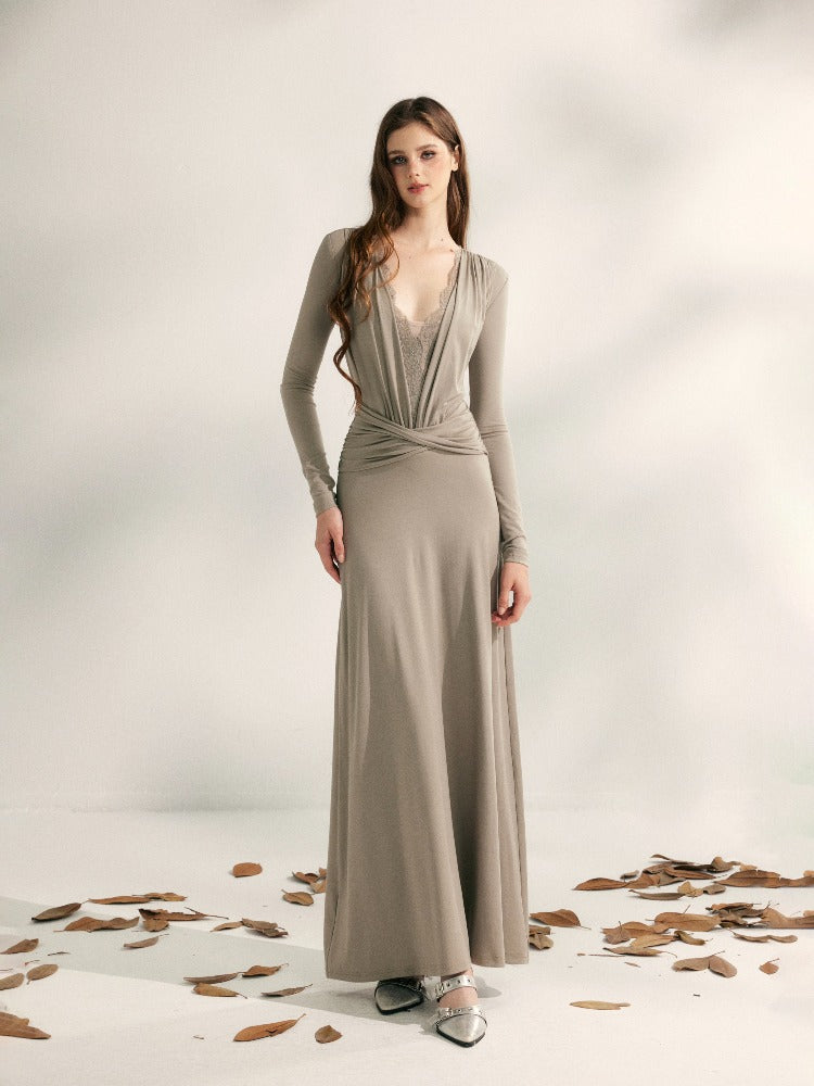 Grey Lace-Paneled Knit Pleated Dress
