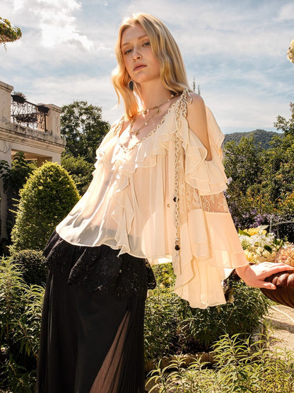 Flowy Chiffon Ruffle V-neck Shirt