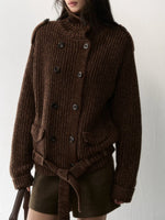 Double-Breasted Turtleneck Knit Cardigan