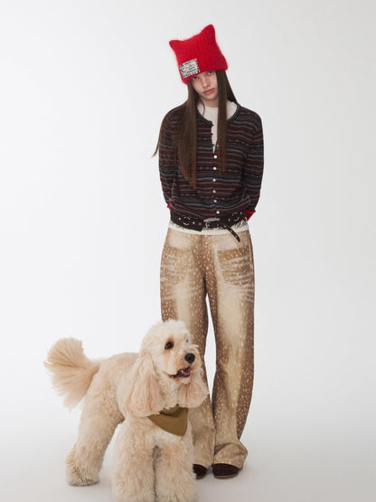 Vintage Deer Print Curved-Leg Canvas Pants