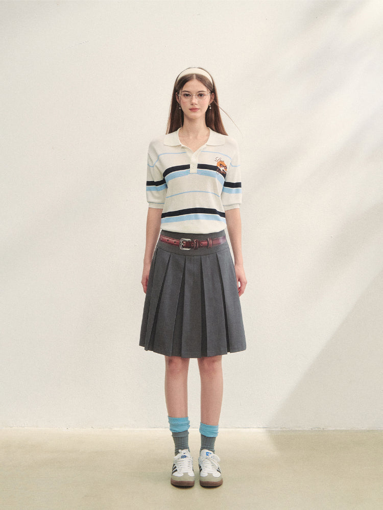 Embroidered Striped Knitted Short-sleeve Polo Shirt