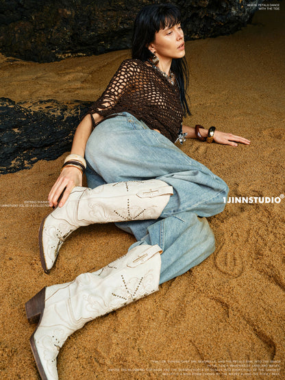 V-Mouth Pointed-Toe Leather Embroidered Denim Boots
