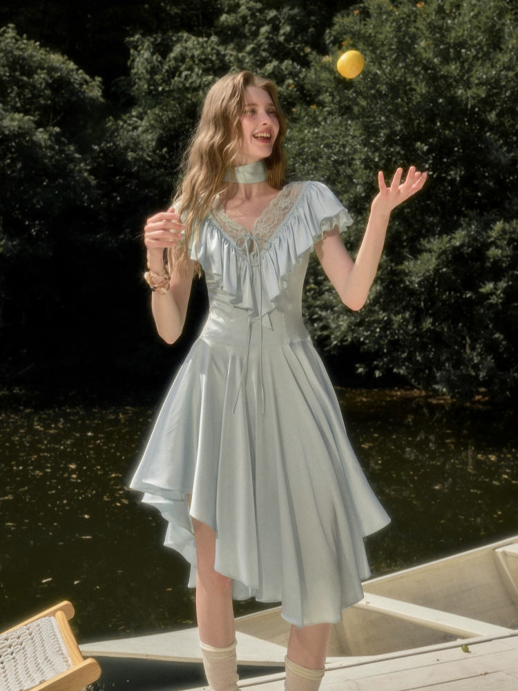 Apricot &amp; Blue Lace V-Neck Dress