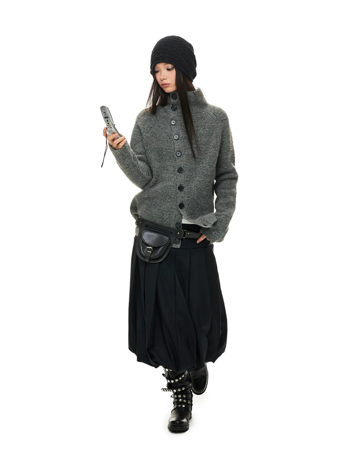 Vintage Stand Collar Knit Cardigan