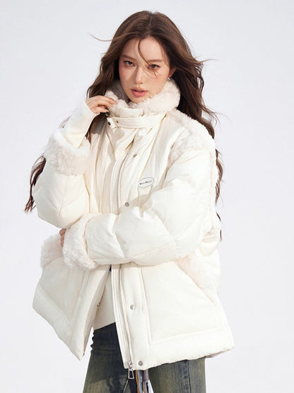 Shearling Patchwork White Down Puffer Jacket