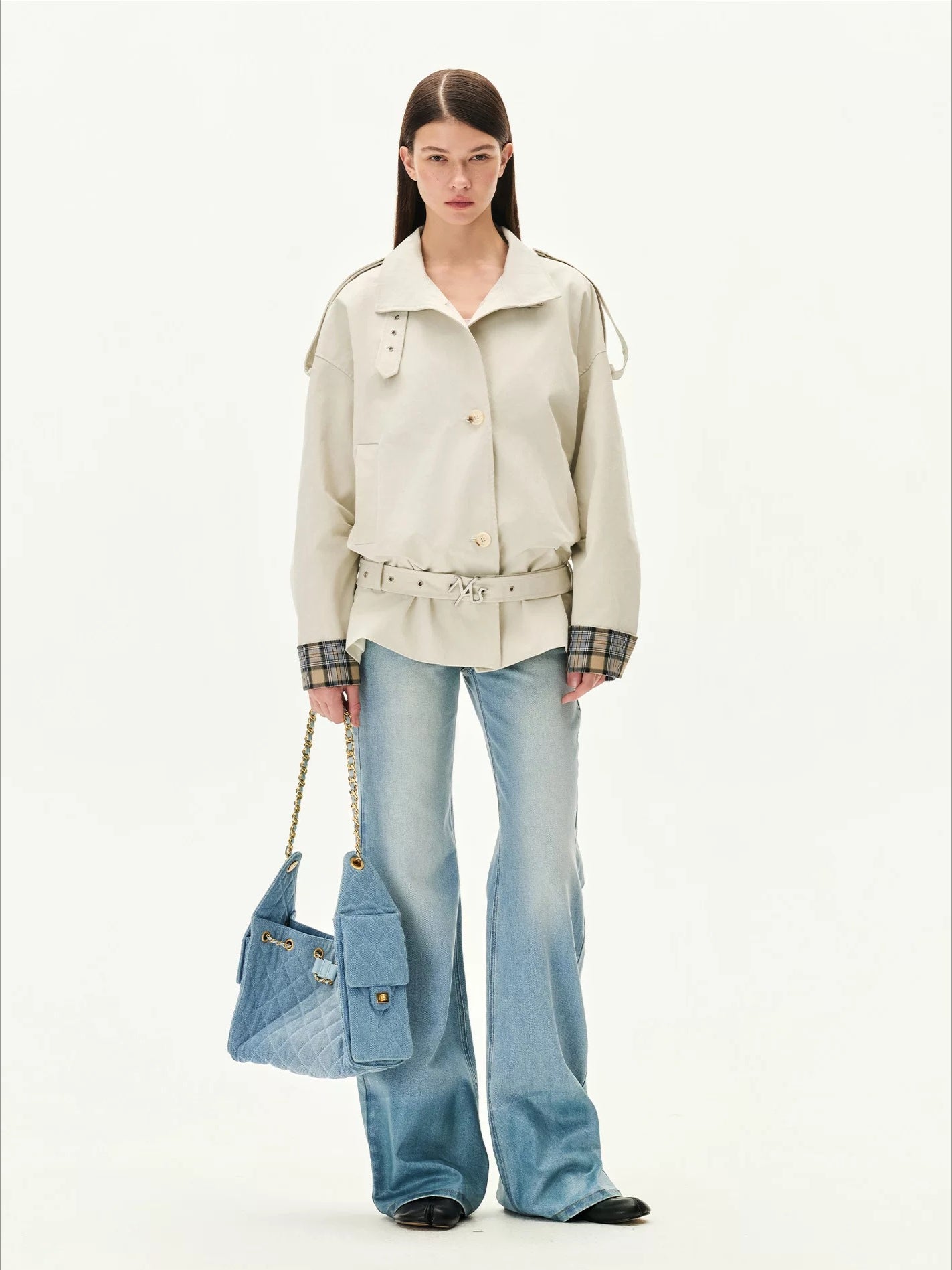 Plaid Contrast Belted Jacket