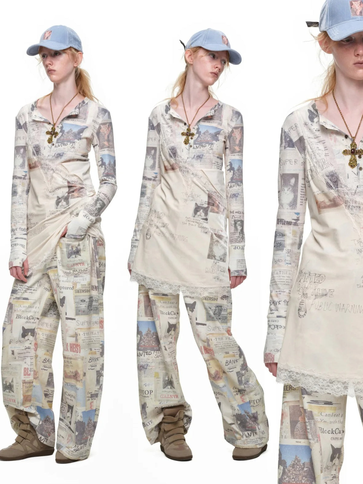 Cat Newspaper Print Henley Top