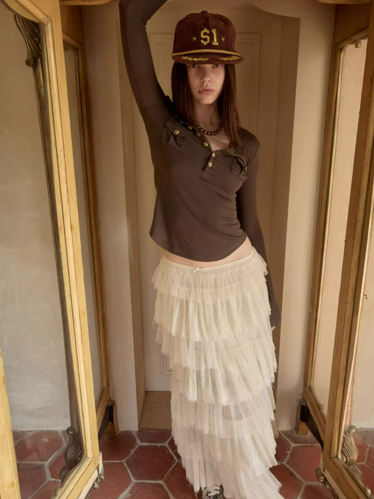 Layered Lace Tulle Midi Skirt