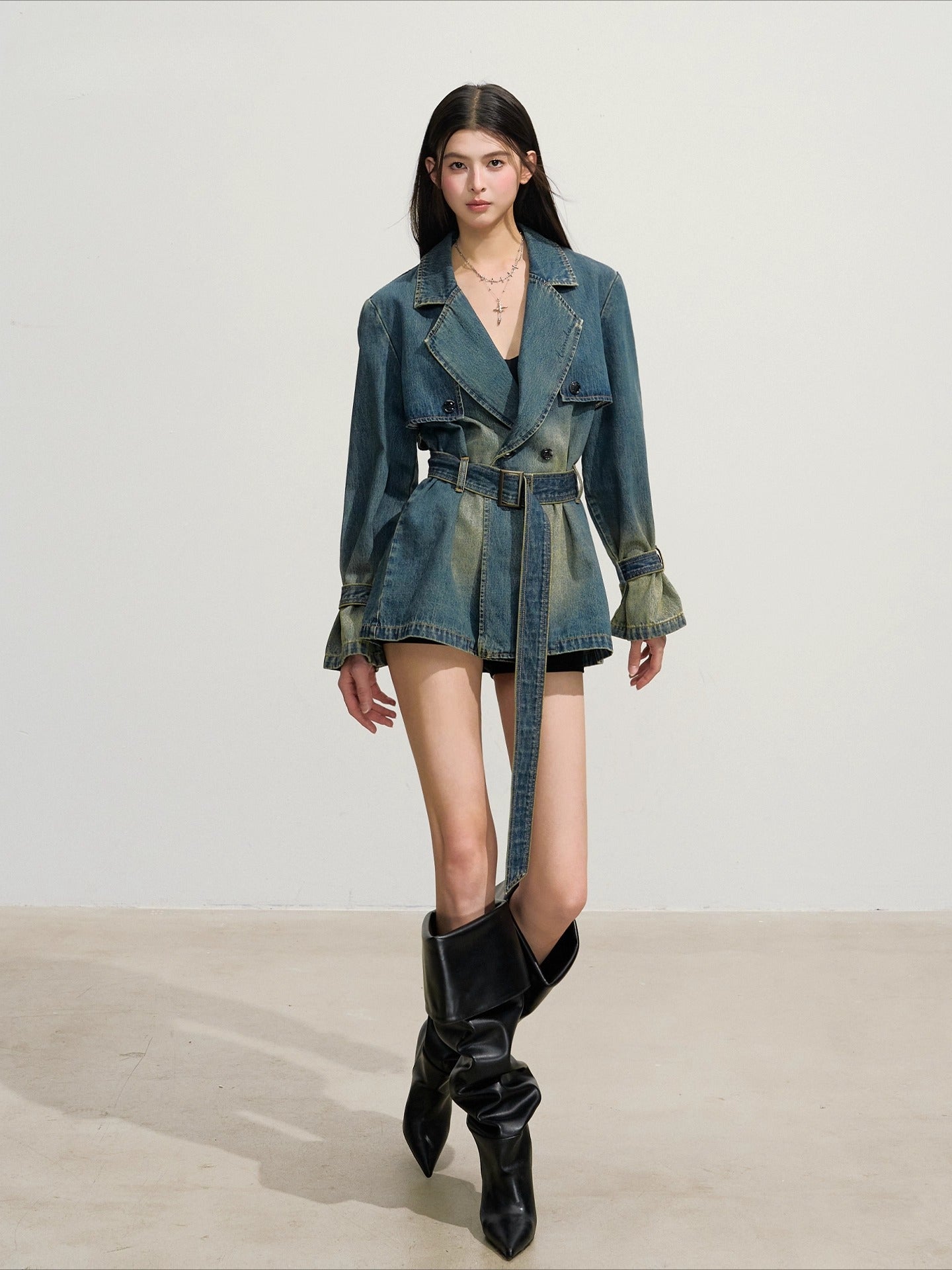 Double-Breasted Loose Denim Trench Coat