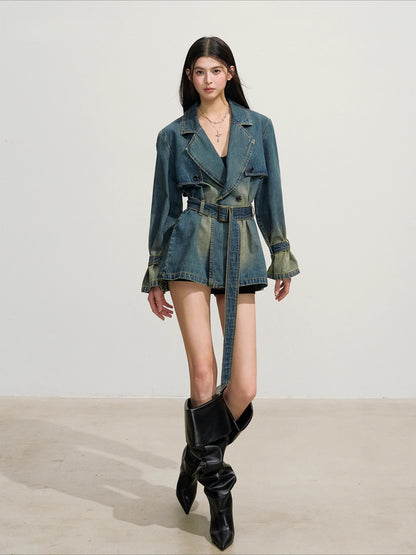 Double-Breasted Loose Denim Trench Coat