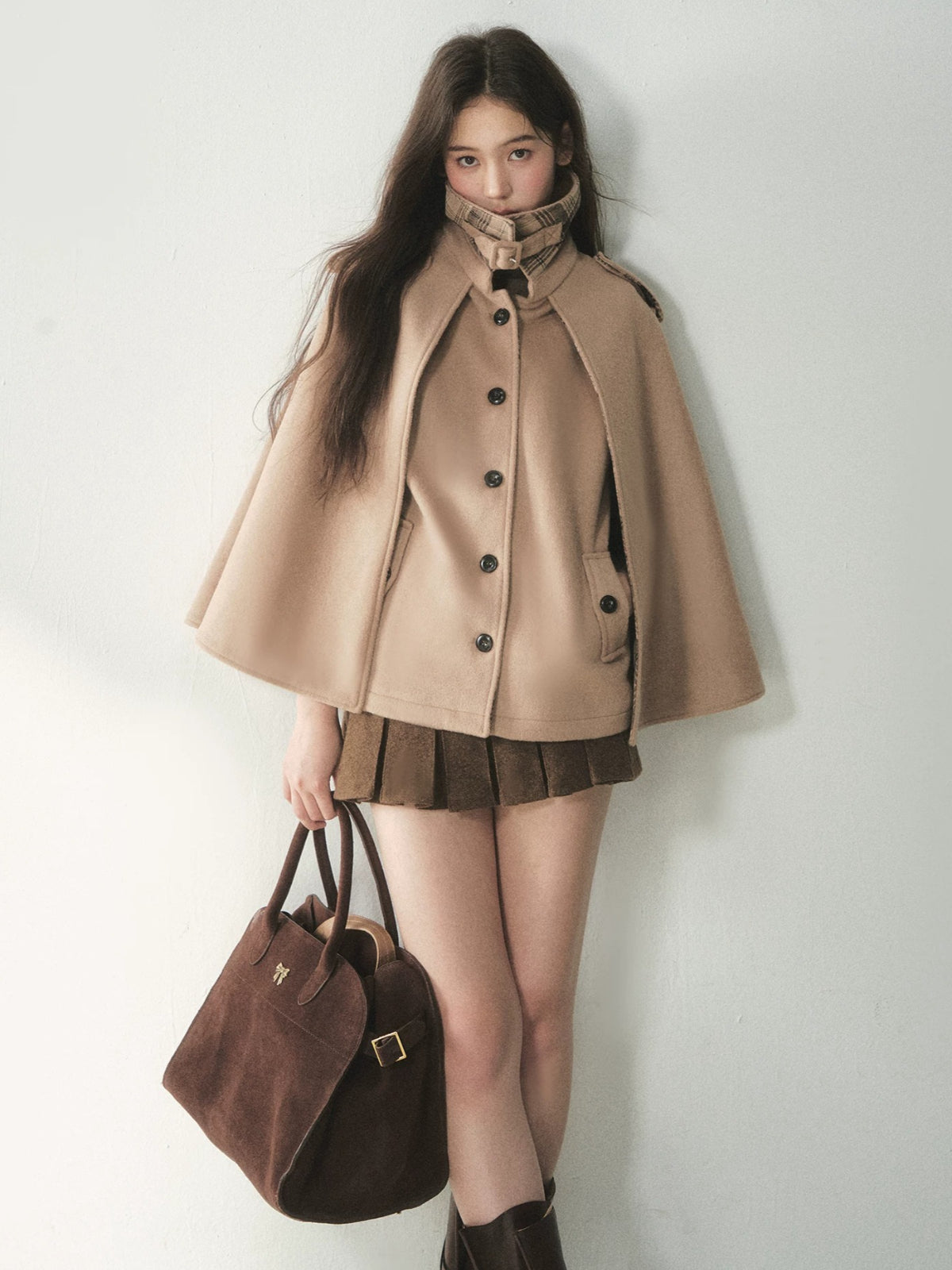 Vintage Plaid Panel Wool Cape Coat