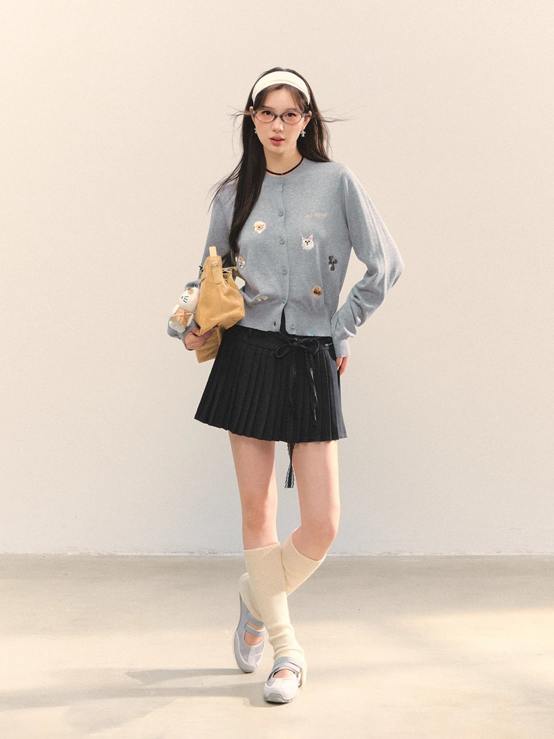 Gray Lace-Up Pleated Skirt