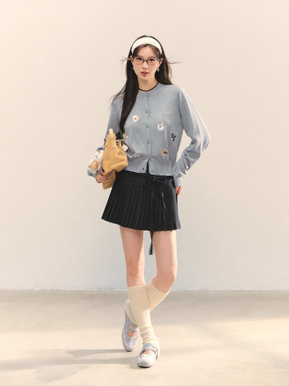 Gray Lace-Up Pleated Skirt