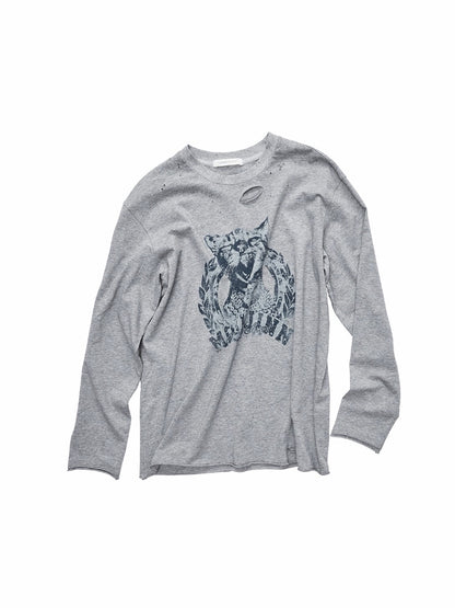 Distressed Cat Graphic Long Sleeve Cotton T-shirt