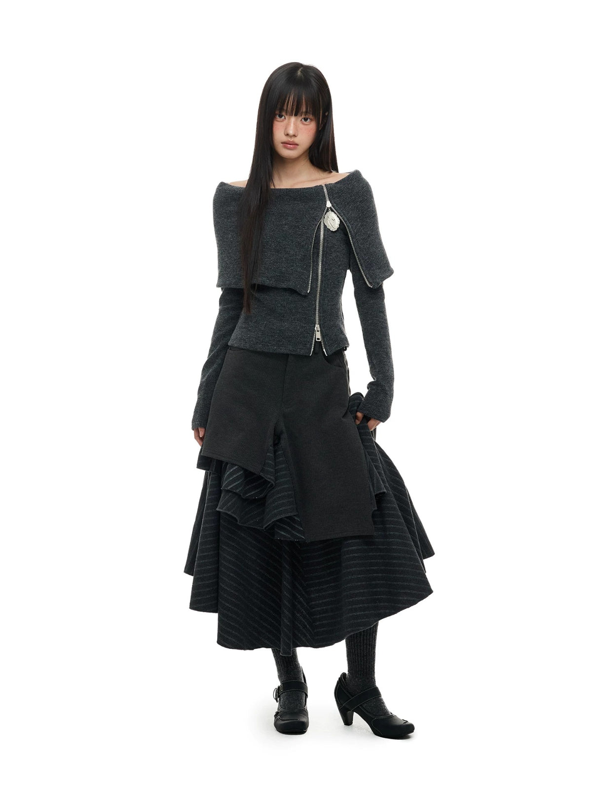 Asymmetric Stripe A-Line Midi Skirt